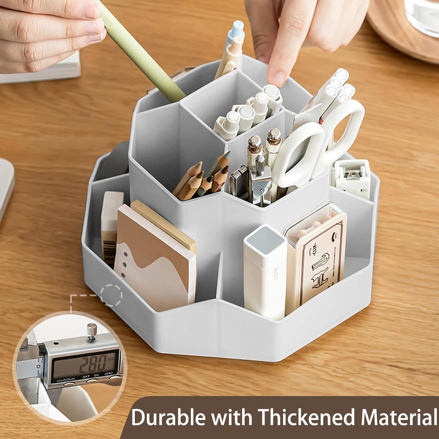 Pencil Pen Holder for Desk, 9 Slots 360 Degree Rotating Desk Organizer, Cute Pen Organizers Stationery Supplies for Office Home & Art Supply (Beige)