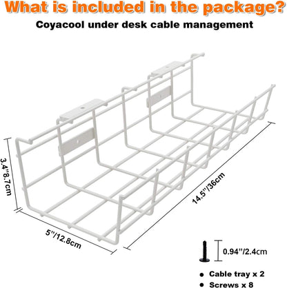 Under Desk Cable Management- 2 Pack Cord Organizer. Metal Wire Cable Management Tray for Office, Studio and Home. Super Sturdy Under Table Cable Management - Black Cable Organizer