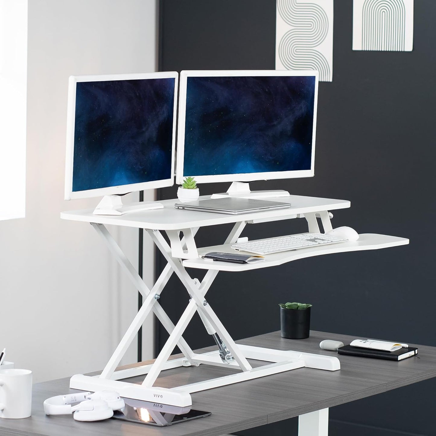 VIVO 26 inch Desk Converter, K Series, Height Adjustable Sit to Stand Riser, Dual Monitor and Laptop Workstation with Keyboard Tray, Black, DESK-V026KB