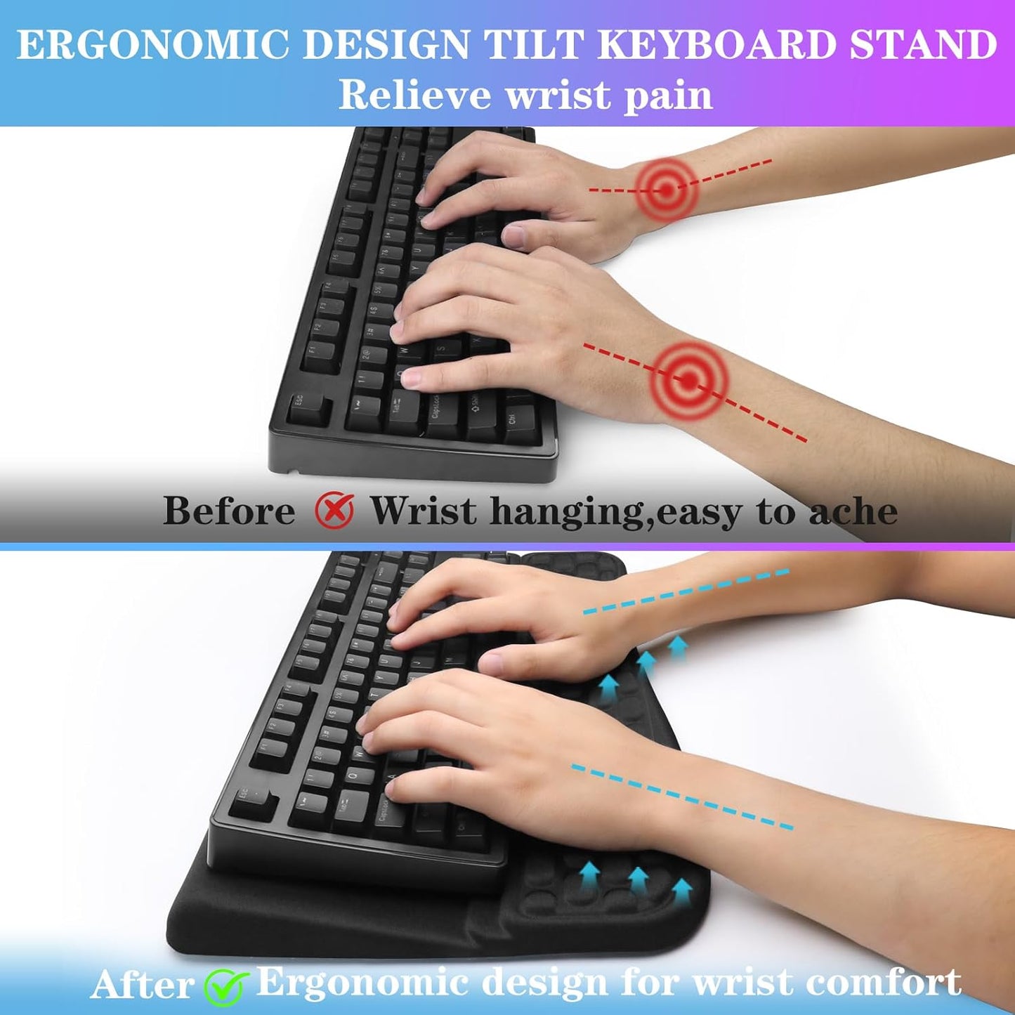 Computer Keyboard Stand Pad with Wrist Rest, Ergonomic Comfy Tilted Keyboard Stand Riser Holder Pad for Office Home (Black)