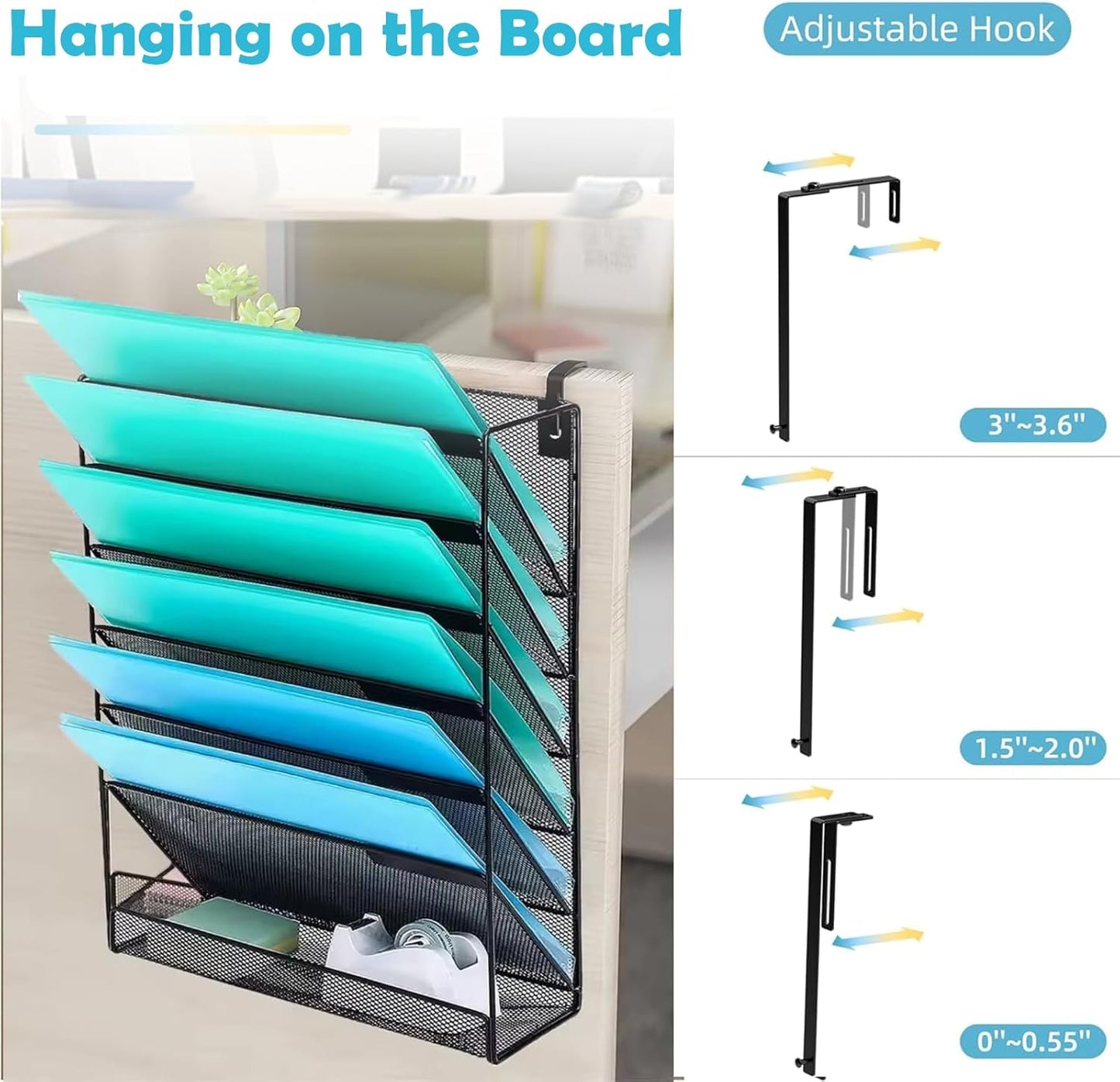 MINDEPOT 7-Tier Wall Hanging File Organizer Cubicle Hanging Organizer Mount File Holder, Mesh Magazine Document Mail Organizer Wall Organizer for Office School Home, Black