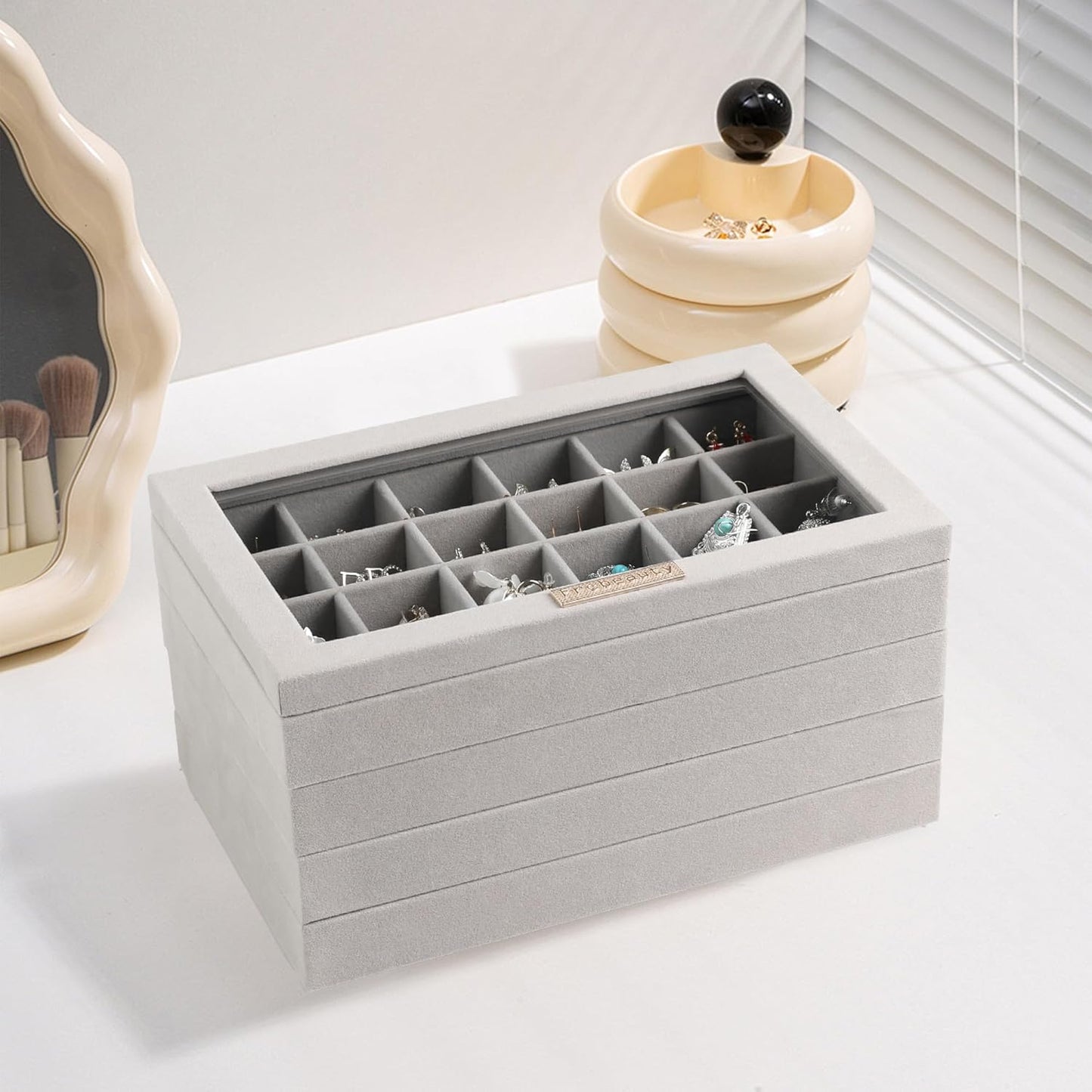 Frebeauty Stackable Jewelry Trays, Velvet Drawer Jewelry Organizer with Glass Lid,5 in 1 Multi-Functional Jewelry Storage for Earrings Necklaces Rings, 10.5 x 6.5 x 5.55 Inches Gift for Women(Beige)