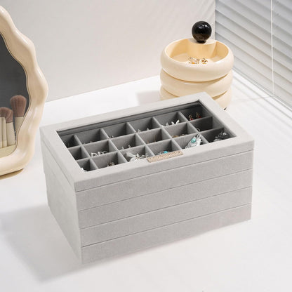 Frebeauty Stackable Jewelry Trays, Velvet Drawer Jewelry Organizer with Glass Lid,5 in 1 Multi-Functional Jewelry Storage for Earrings Necklaces Rings, 10.5 x 6.5 x 5.55 Inches Gift for Women(Beige)