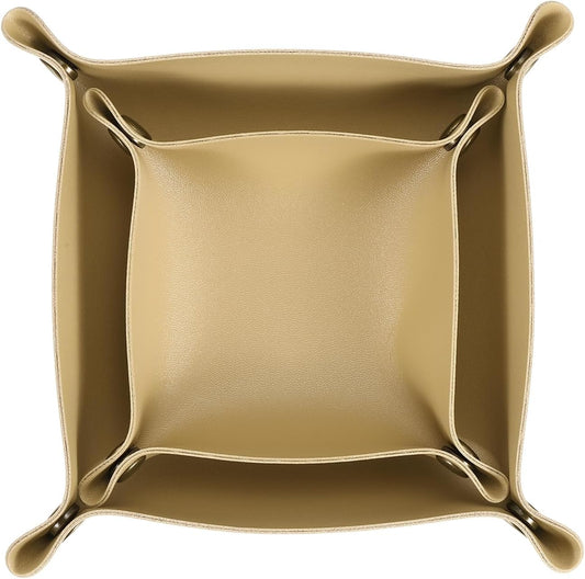 uxcell 2 Pcs Leather Valet Tray, Folding Jewelry Tray Organizer Square Travel Dish Plate Desk Organizer for Women and Men Storage Jewelry Keys Wallet Coin (2 Sizes, Beige)