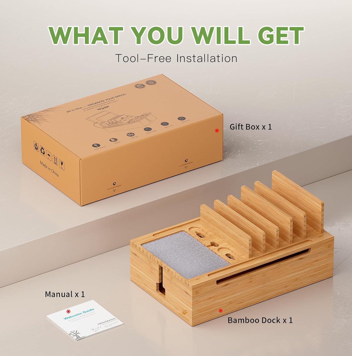 Pezin & Hulin Bamboo Charging Station for Multiple Devices, USB Charger Dock Organizer, with Power Supply (10 Ports HUB), 6 Cables, Cable Management Organizer for Cell Phones, Tablets -Natural+White