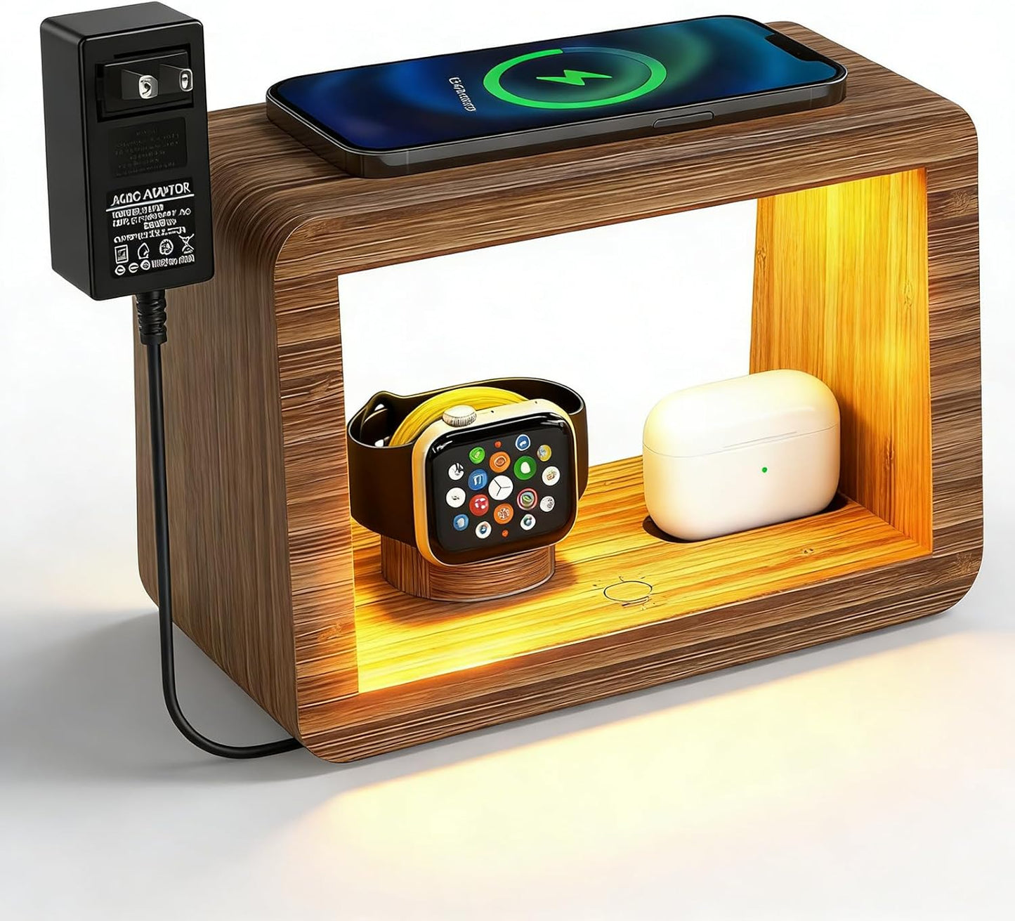 4 in 1 Bamboo Charging Station for Multiple Devices, 15W Fast Wireless Charger with Stepless Dimmable Night Light, Wood Style Dock Compatible with iPhone/iWatch/AirPods
