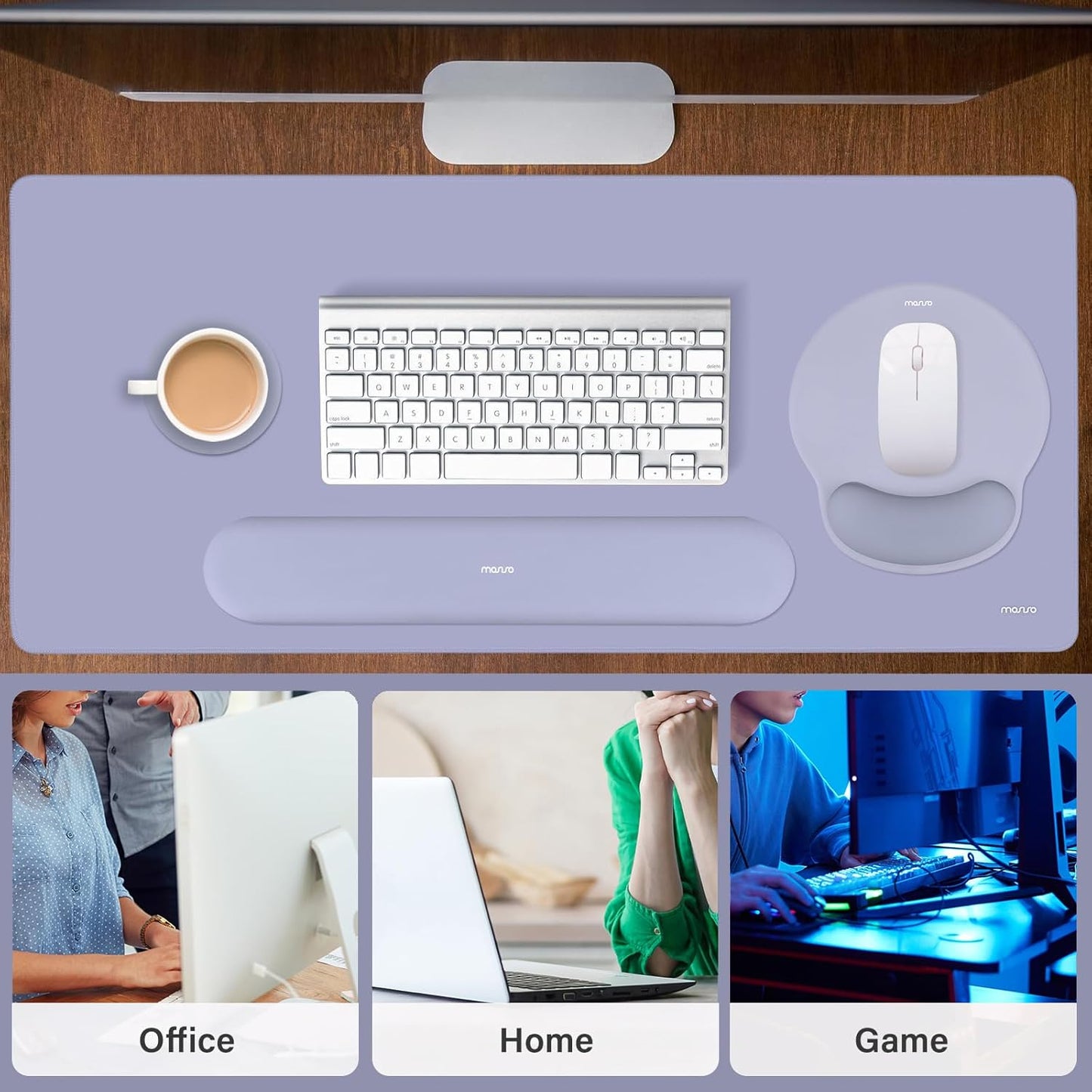 MOSISO Wrist Rest for Keyboard Mouse Pad Set, Large Gaming Deskpad&Circle Curved Mousepad&Keyboard Wrist Rest&Coaster, Ergonomic Non-Slip Mousepad&Easy Typing Pad with Silicone Lining, Apricot