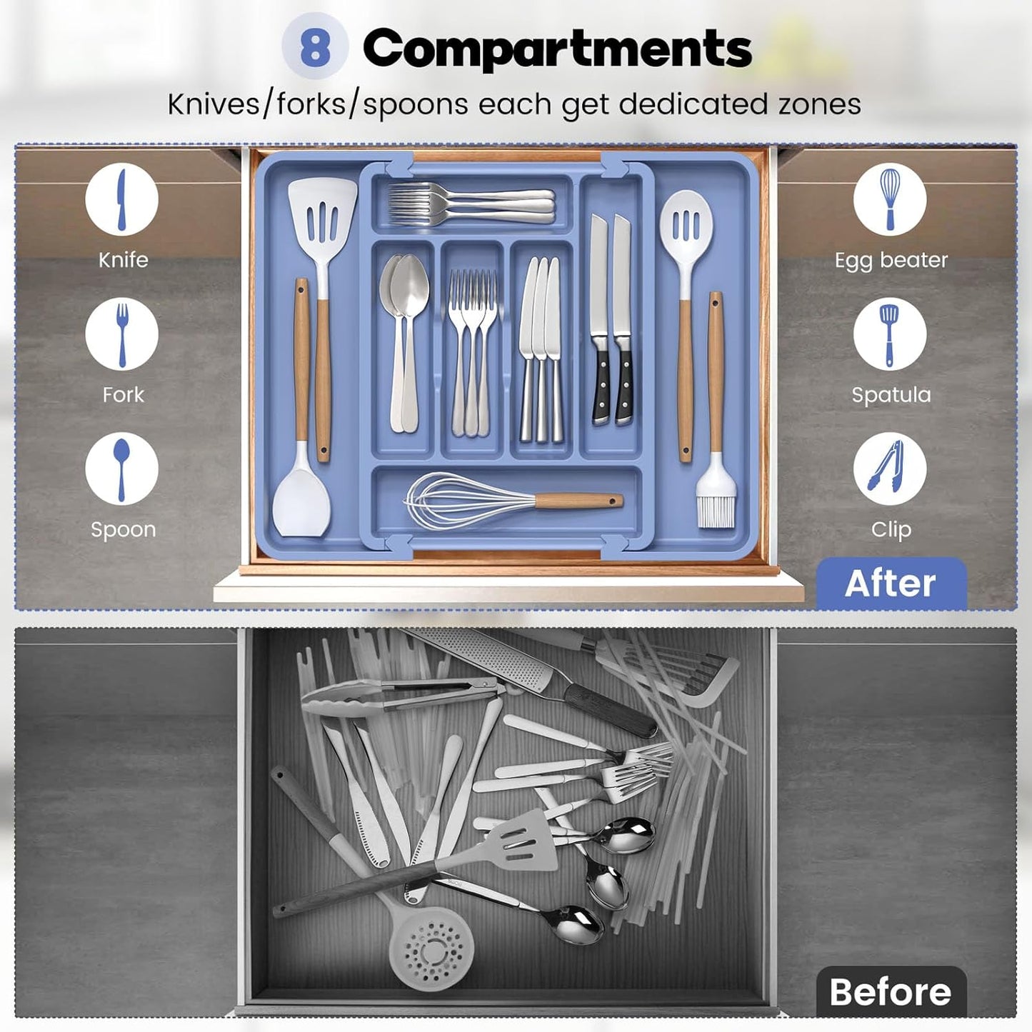 Caperci Large Silverware Organizer for Kitchen Drawer & Utensils - Expandable Drawer Organizer for Cutlery, Flatware & Gadget, BPA-Free Thick Plastic, Wider Compartments & Non-skid Feet (Tofu)