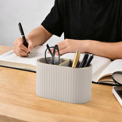 PU Leather Desk Organizer,Pen Holder,Small Remote Control Holder Pencil Cup Multifunctional Nightstand Organizer Caddy for Home School Office Desk Accessories,2 Compartments (Cream White)