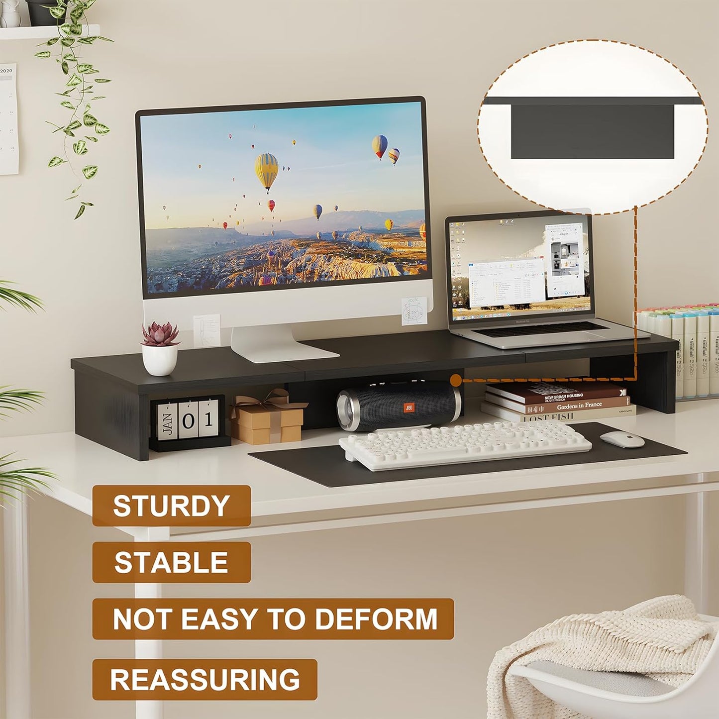 Qupui Computer Monitor Stand Riser with Drawer and Pen Holders, Desk Organizer Shelf and Accessories, Office Desk Accessories, Office Organization, Black