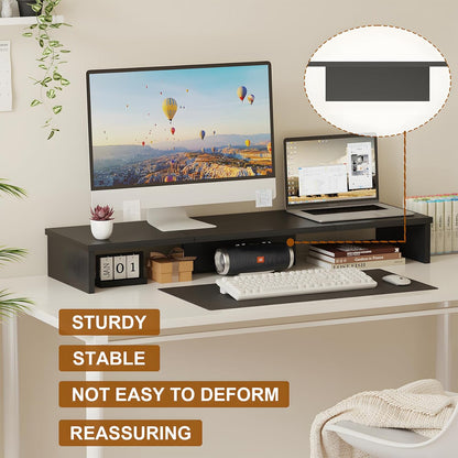 Qupui Computer Monitor Stand Riser with Drawer and Pen Holders, Desk Organizer Shelf and Accessories, Office Desk Accessories, Office Organization, Black