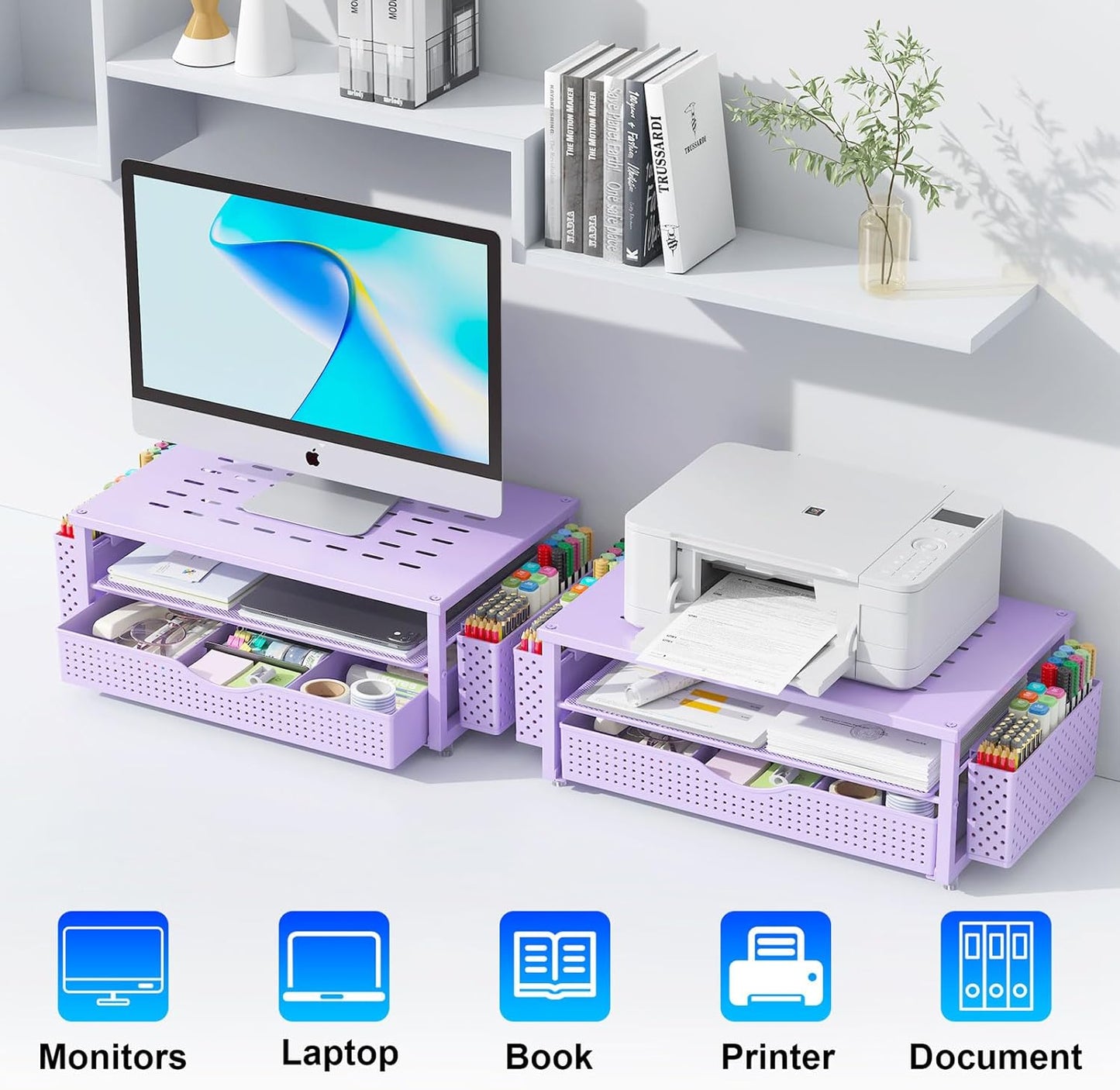 gianotter Wood Monitor Stand Riser, Office Desk Shelf Organizer, Desk Organizer with Drawer and Pen Holder, 2-Tier Computer Stand, Office Organization (Ink)