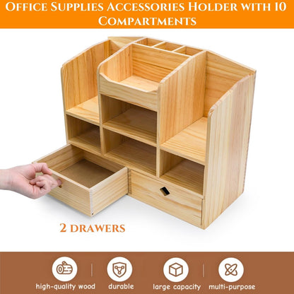 Wooden Desk Organizer with Drawers, Large Countertop Office Supplies Accessories Organization with 10 Compartments, Multifunctional Storage Box Makeup Storage Shelf Rack for Home, Office
