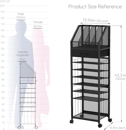 SWTYMIKI Desk Organizer with Drawers - Mesh and Wood Desk File Organizer with Pen Holders, 4-Tier Paper Organizer for Office Organizer and Accessorie, School and Home Storage, Black