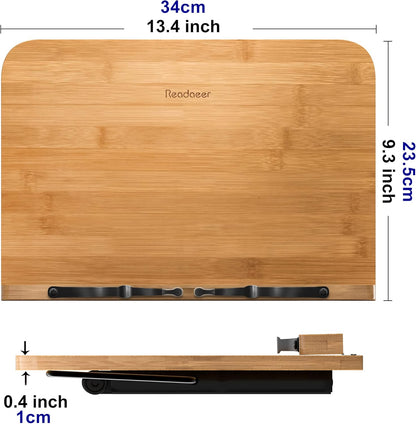 Readaeer Bamboo Book Stand, Large Book Holder with 6 Adjustable Height, Foldable Cookbook Stand Desktop Document Holder for Kitchen & Office (13.4 x 9.3 Inch)