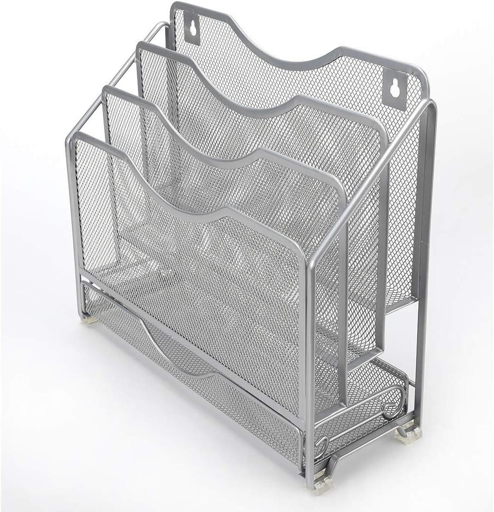 EasyPAG Mesh Desk Paper Organizer Wall Hanging File Holder with 3 Upright File Organizer and Sliding Drawer,Black