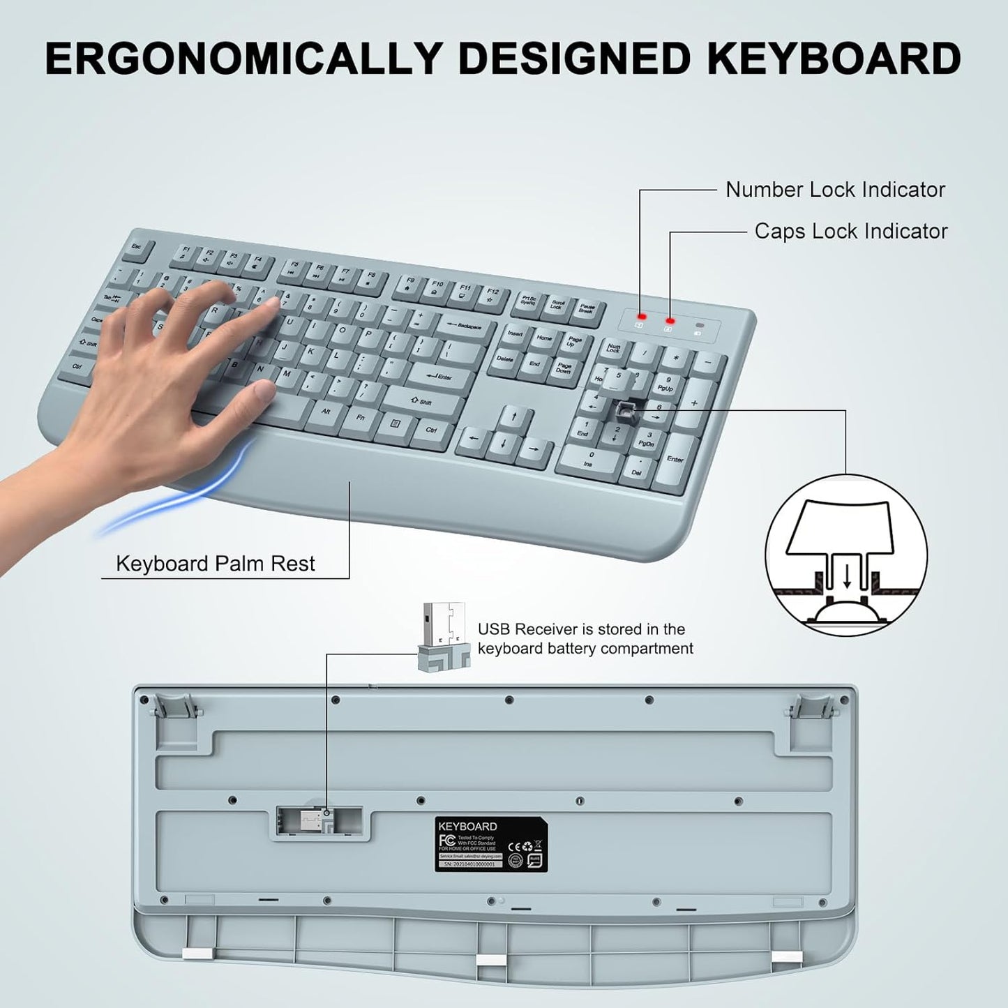 Wireless Keyboard and Mouse Combo, 2.4G Full Size Wave Keys Ergonomic Keyboard with Wrist Rest and 3-Level DPI Adjustable Wireless Ergonomic Mouse for Windows, Mac OS Desktop/Laptop/PC(Black)