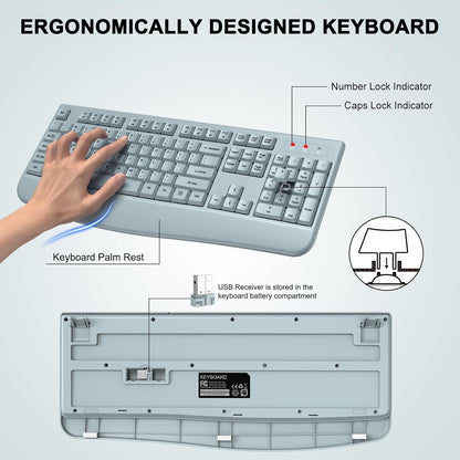 Wireless Keyboard and Mouse Combo, 2.4G Full Size Wave Keys Ergonomic Keyboard with Wrist Rest and 3-Level DPI Adjustable Wireless Ergonomic Mouse for Windows, Mac OS Desktop/Laptop/PC(Black)