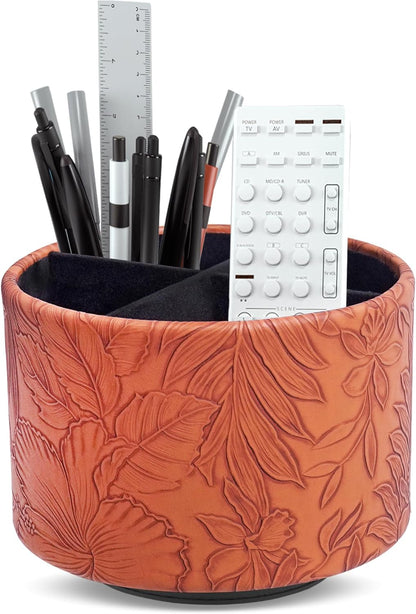 Hennaja Round Leather Art Supply Organizer,Remote Control Holder,360 Degree Rotating,Multi-Functional Pencil Holder,4 Compartments Desktop Stationary Organizer(1-Blue Bird) - Colors C