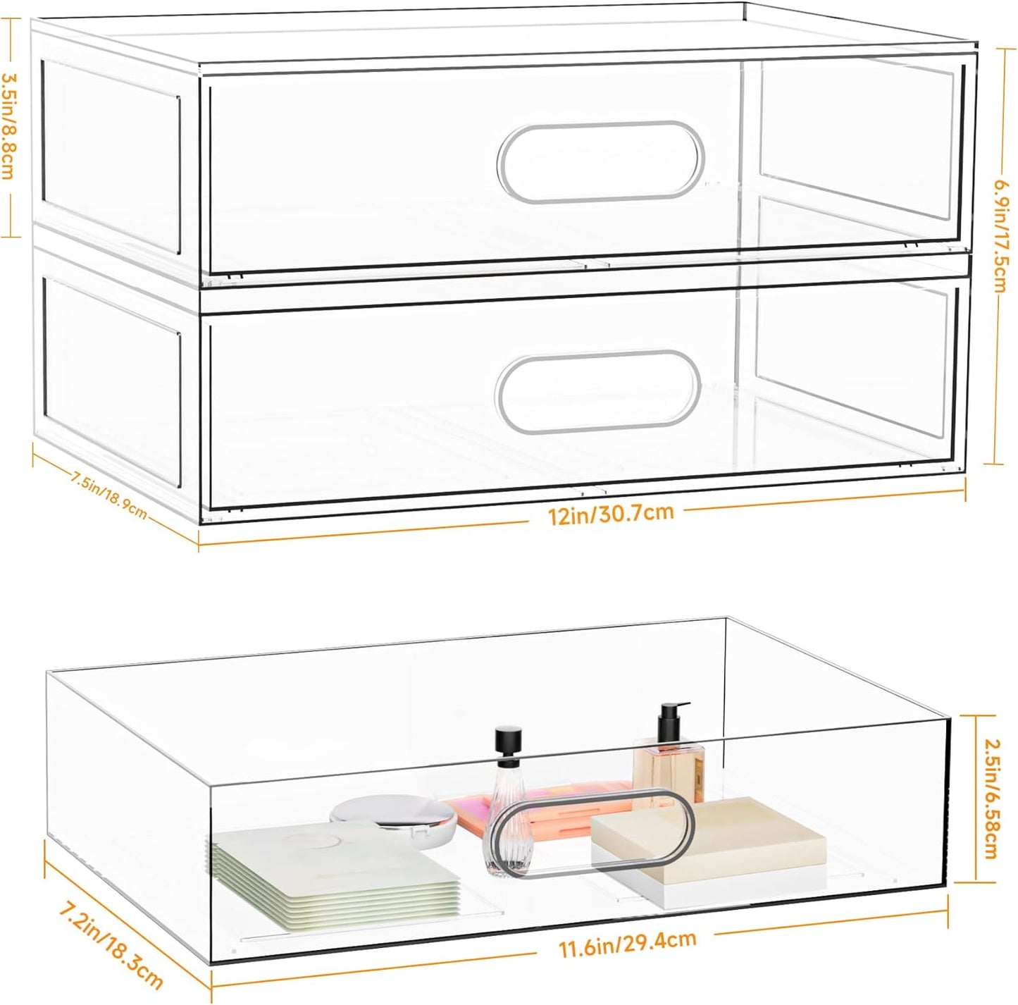 Clear Stackable Makeup Organizer with Drawer, 12''W Acrylic Storage Drawers, Cosmetic Display Case for Vanity Bathroom Countertop, Beauty Holder for Lipstick Brush Skincare Perfume