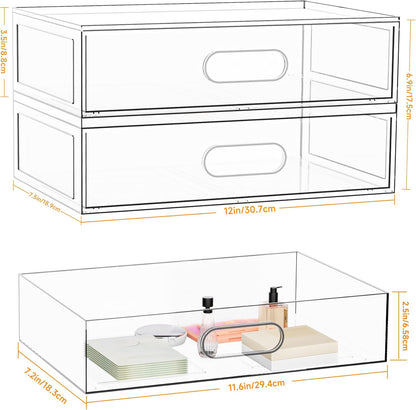 Clear Stackable Makeup Organizer with Drawer, 12''W Acrylic Storage Drawers, Cosmetic Display Case for Vanity Bathroom Countertop, Beauty Holder for Lipstick Brush Skincare Perfume