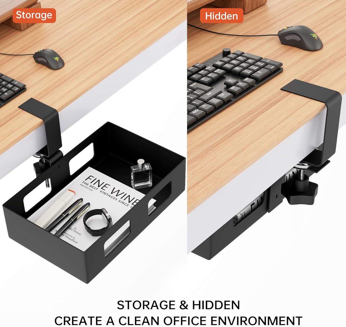 Clamp-on Side Desk Swivel Organizer, Under Desk Hidden Storage Drawer with Cable Hole, Hanging Desk Rotated Metal Basket for Extender Desk Space