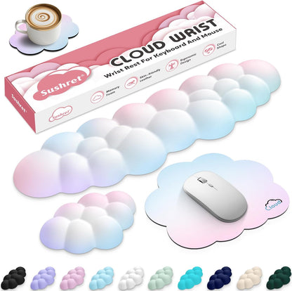 Sushret Cloud Wrist Rest for Computer Keyboard, 4-in-1 Memory Foam Leather Cloud Keyboard Wrist Rest and Mouse Pad Set with Ergonomic Support for Arm and Palm Cushion, Gaming/Work Setup, Rainbow