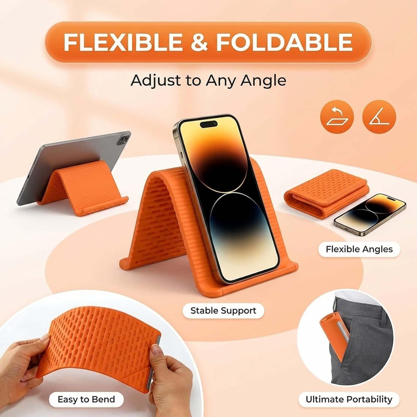 Portable Foldable Silicone Aluminum Phone Holder, 2026 New Flexible Silicone Phone Stand, Adjustable Airplane Phone Holder for Tablet Laptop Desk Travel Non-Slip Bed Office Treadmill