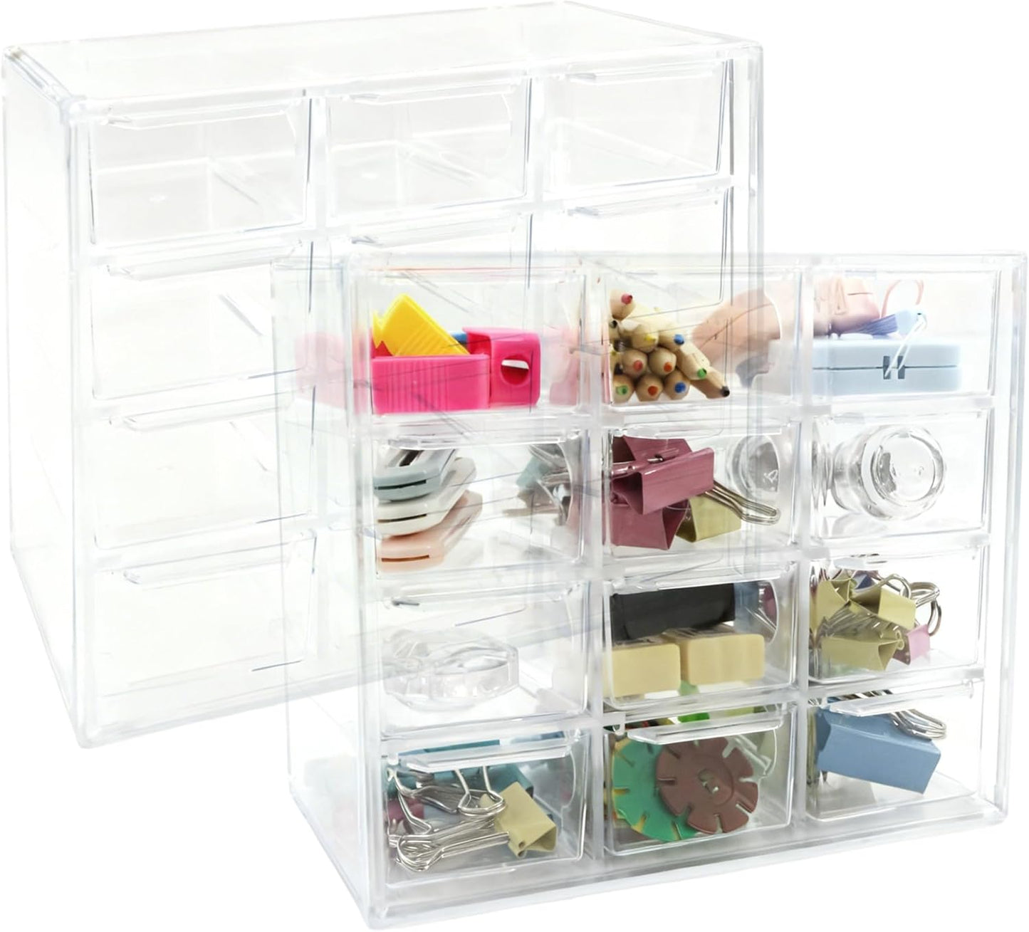 2 Pack Mini Desk Organizer with 12 Removable Drawers - Clear Plastic Desktop Storage Box for DIY Crafts, Art Supplies, Office Essentials, Cosmetics & Jewelry