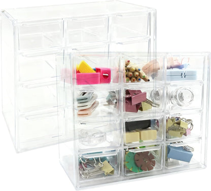 2 Pack Mini Desk Organizer with 12 Removable Drawers - Clear Plastic Desktop Storage Box for DIY Crafts, Art Supplies, Office Essentials, Cosmetics & Jewelry