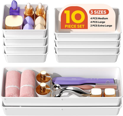10 Pack Large Size Plastic Drawer Organizers Set, 3 Sizes Desk Drawer Organizer Trays, Storage Bins for Vanity, Makeup, Bathroom, Kitchen Utensils and Office (Black)