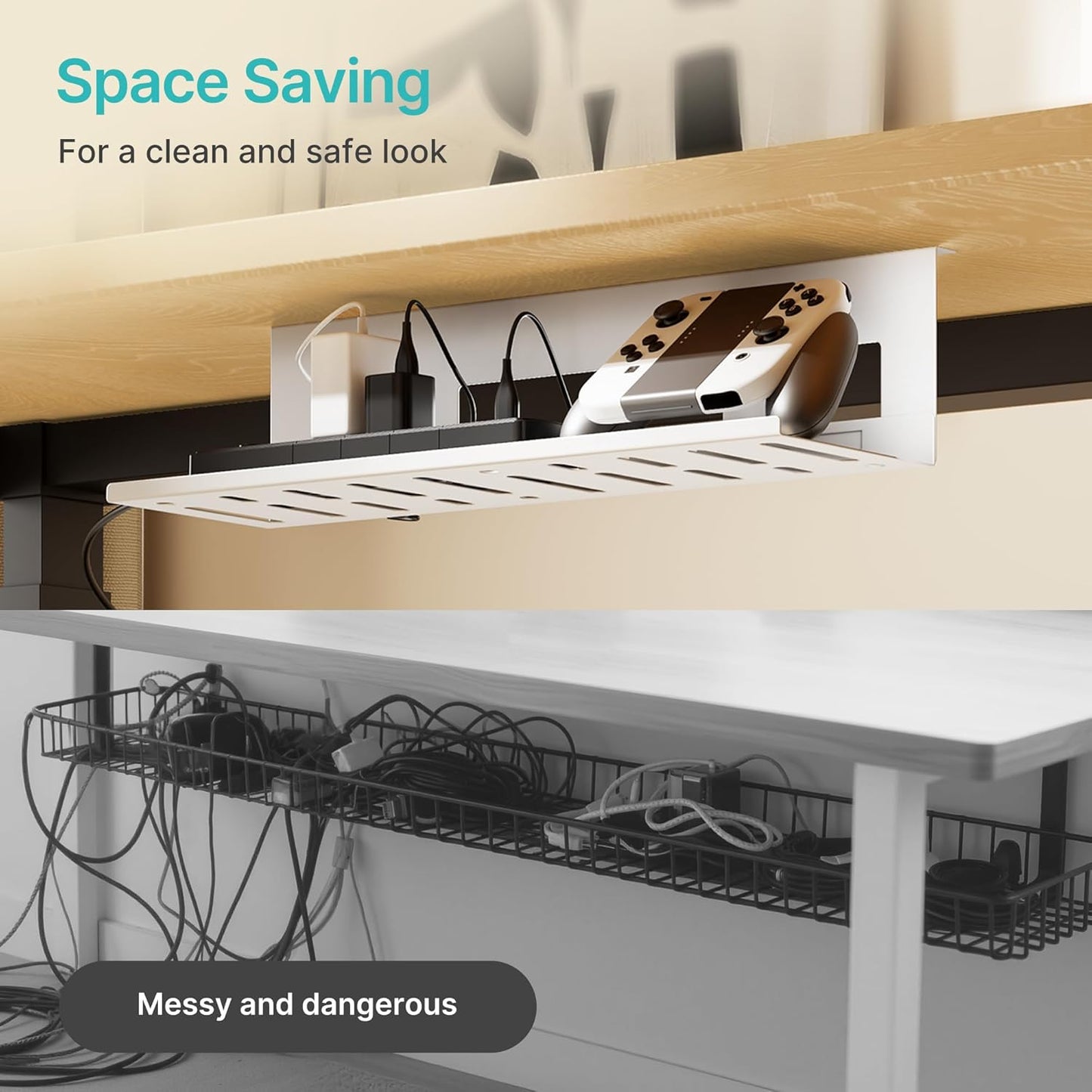 PEGZONE Under Desk Cable Management Tray, 31.5 Inches Metal Cord Organizer Rack, Desk Tray for Power Strip, Cord, Wire, Easy Mounting Cable Management Under Table for Home Office, Black
