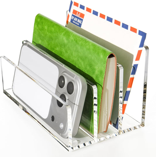 Clear Acrylic Desk Organizer – 3 Compartment Mail Holder & Letter Sorter for Office, Bills, Documents, Notebooks, Letter Tray – Modern Vertical File Rack for Home, Desk File Holder