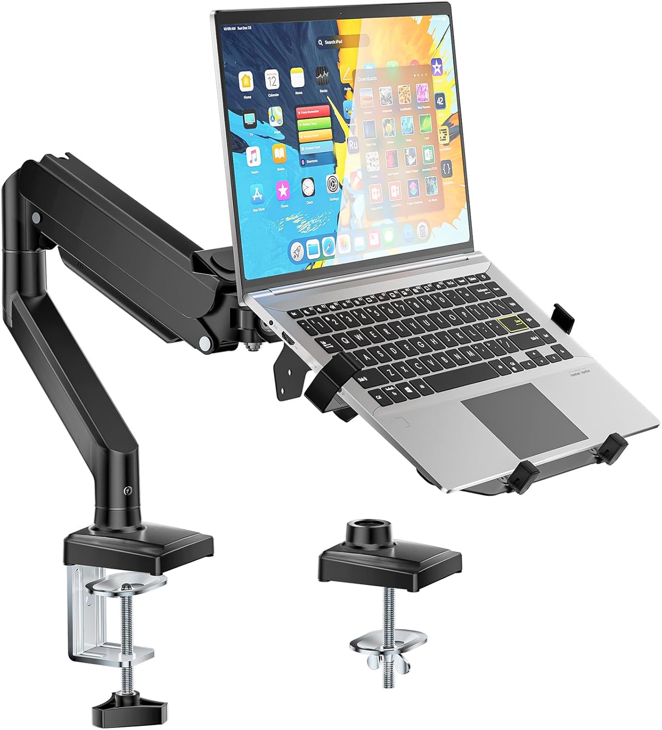 WALI Single Arm Laptop and Monitor Desk Mount for 17" Notebook and Up to 32" Screen, 2-in-1 Adjustable Monitor Arm with Laptop Tray, VESA 75x75 100x100,Holds 22-26.4 lbs, Black (GSMP001NLP)