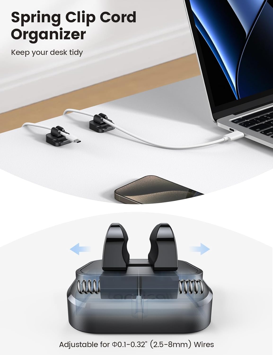 5Pack Cable Spring Holder Clips, Cord Organizer for Desk - Lamicall Adjustable Cord Wire Holder Keeper, Phone Charger Organizer Clips, Wire Cable Management for Nightstand Wall Car Office Desktop