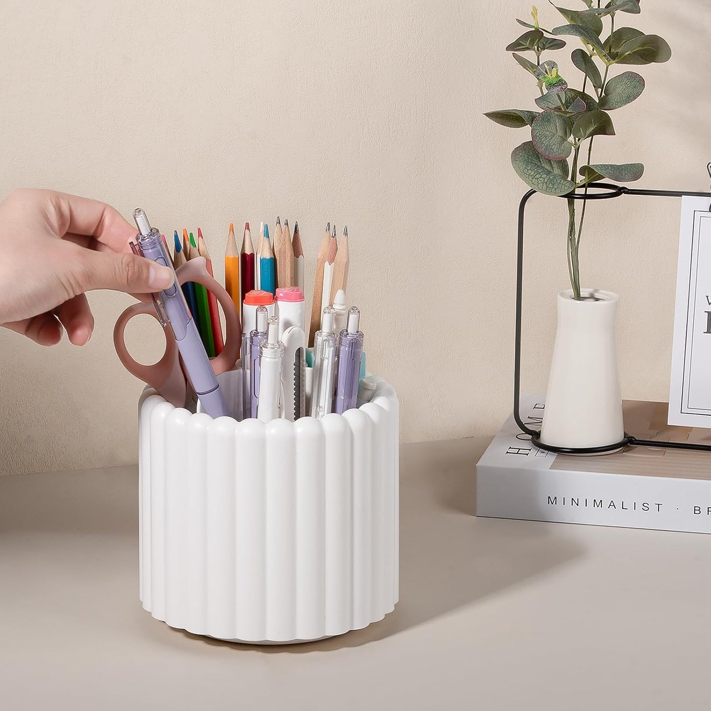 Anyoifax 360° Rotating Pen Holder 7 Slots Desk Organizer Removable Pencil Cup Plastic Art Supplies and Accessories Desktop Storage Box Caddy for Office, School, Home (White)