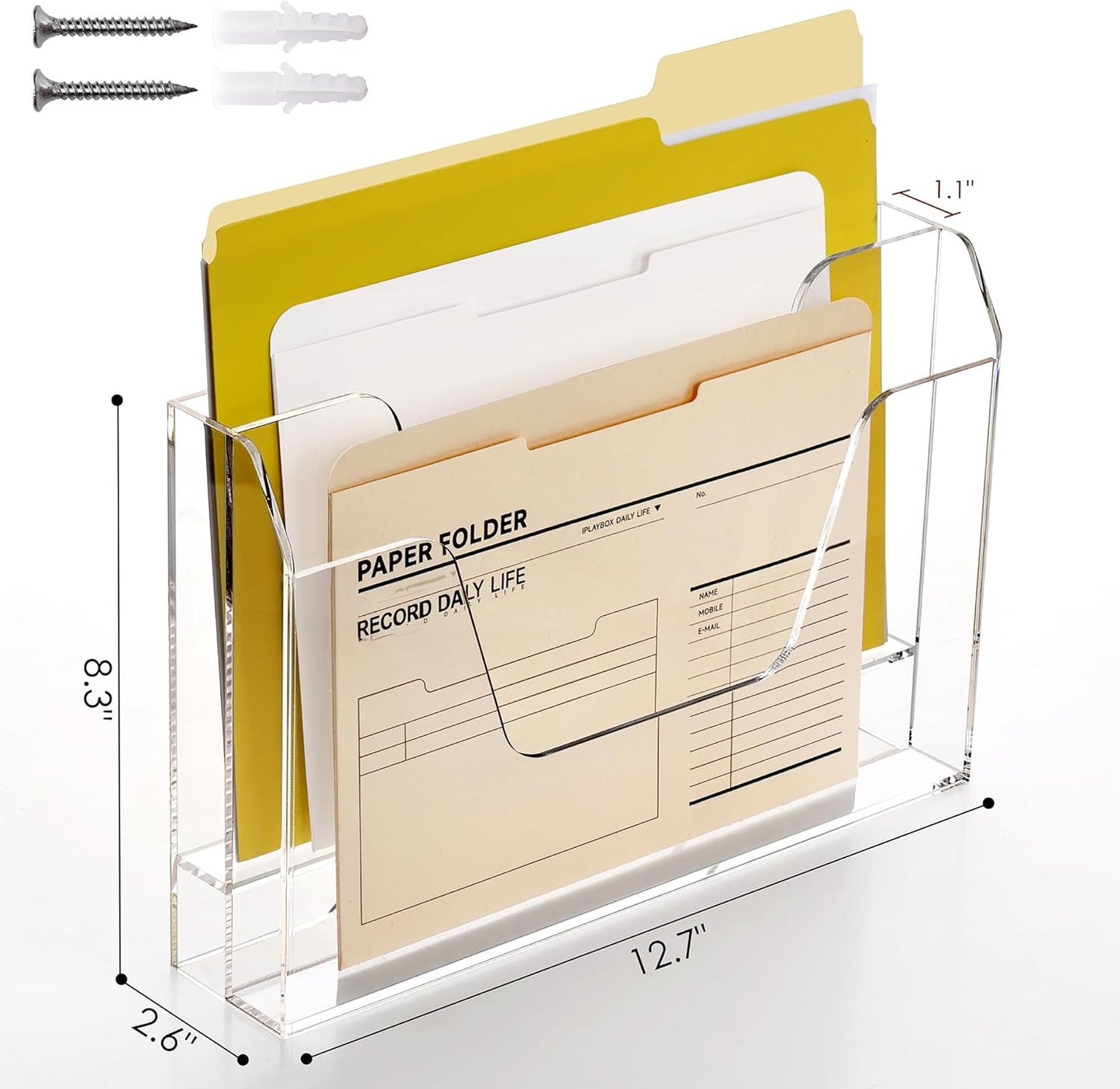 Wall Hanging File Folder Organizer for Desk, 3-Tier Acrylic Magazine Rack Wall Mount File Holder, Clear Paper Document Office Organizer - 1 Pack