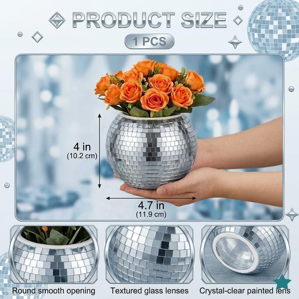 Disco Ball Makeup Brush Holder & Pen Cup - Fun Desk Accessories for Office, Cute Aesthetic Room Decor, 4.7 inch Unique gift vase for Her (rosegold)