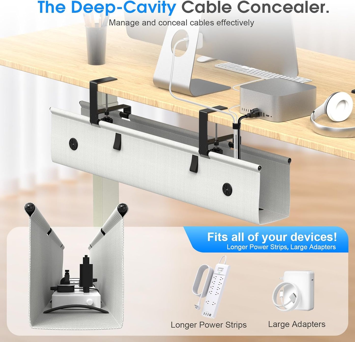 Under Desk Cable Management Tray, 40-inch No-Drill Cord Organizer with Anti-Sag Reinforced Base, Fabric Wire Management Hider for Standing Desk, Office & Gaming Accessories - Black