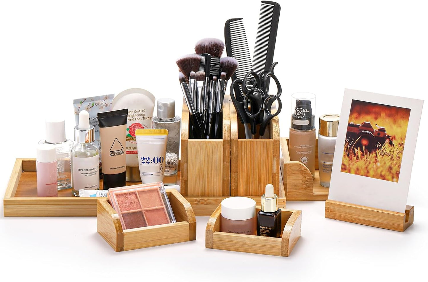Cididu Bamboo Desk Vanity Tray, 7 Pieces Adjustable Pen Holder Stationery Caddy, Bathroom Vanity Organizer Set, Sturdy Countertop Tray Storage Boxes Office Supplies for Makeup Small Items Home Kitchen