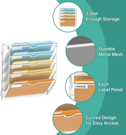 SUPEASY 5 Tier Wall File Organizer, Hanging Wall Mounted Mail Organizer with Label Slots, Metal Mesh File Holder Magazine Rack for Office, Home, School or Classroom, Black