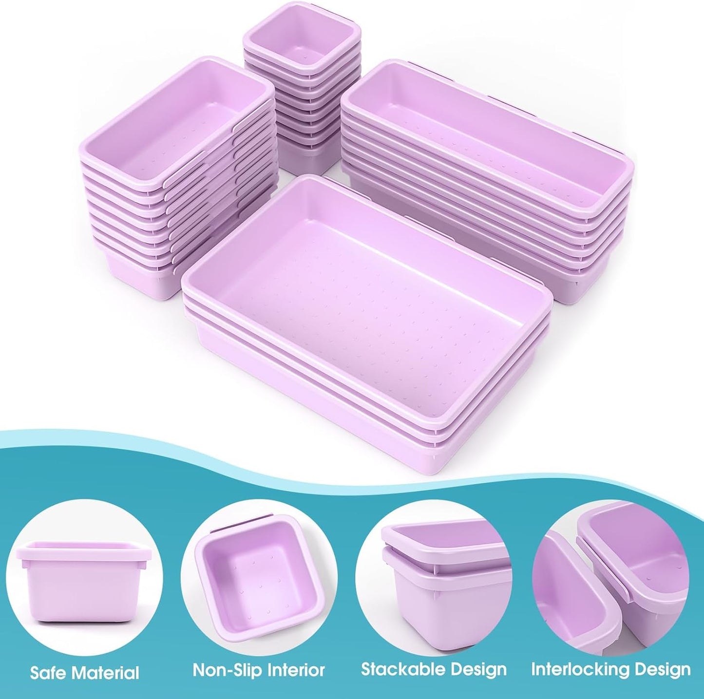 StoreHappily 10 PCS Drawer Organizer Set, 4 Size Makeup Drawer Divider Organizer With Non-Slip Pads, Interlocking Plastic Storage Bins for Office,Jewelry Vanity,Gadgets, Bathroom,Kitchen, Black