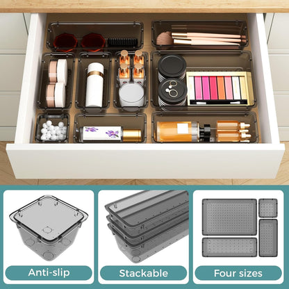 WOWBOX 44 PCS Clear Plastic Drawer Organizer Set, 4 Varied Size storage Bins and Desk Drawer Organizer tool Trays for Makeup, Gadgets, Jewelry and Utensils in Bathroom, Bedroom and Office, Clear Black