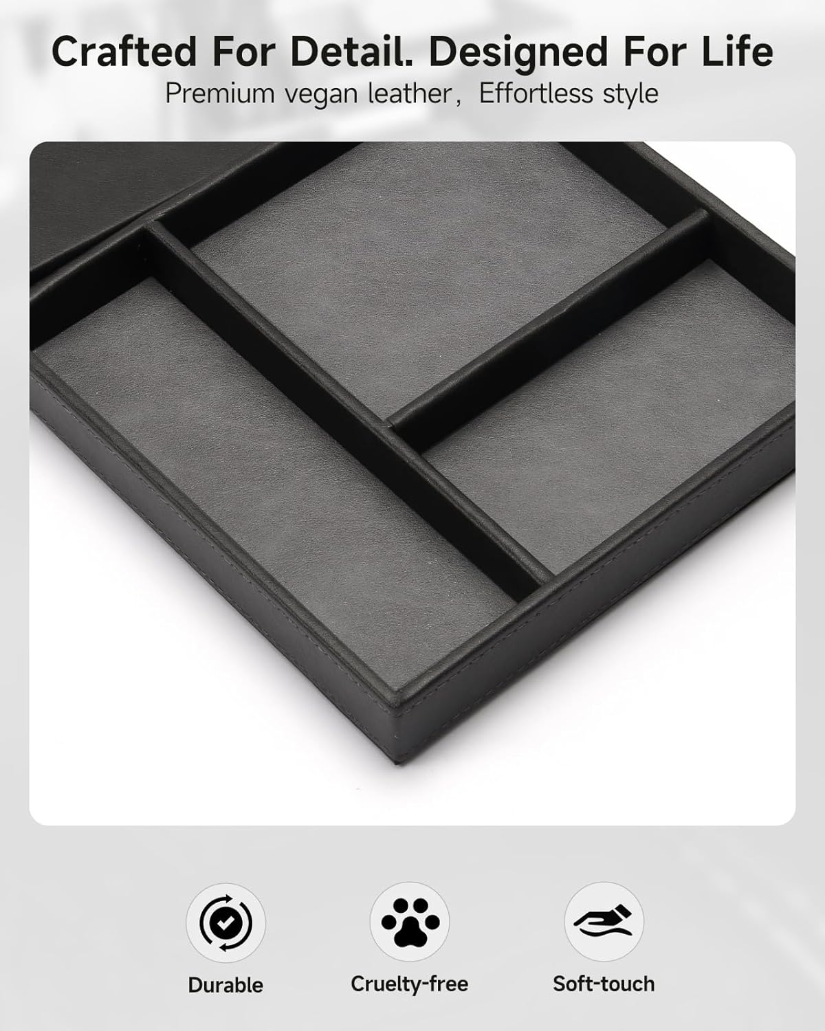 Valet Tray, Built in Wireless Charging Pad, Nightstand Organizer, Dresser Organizer, Mens Jewelry Box, Valet Charging Station, Faux Leather Valet Tray for Men and Women, (Black)