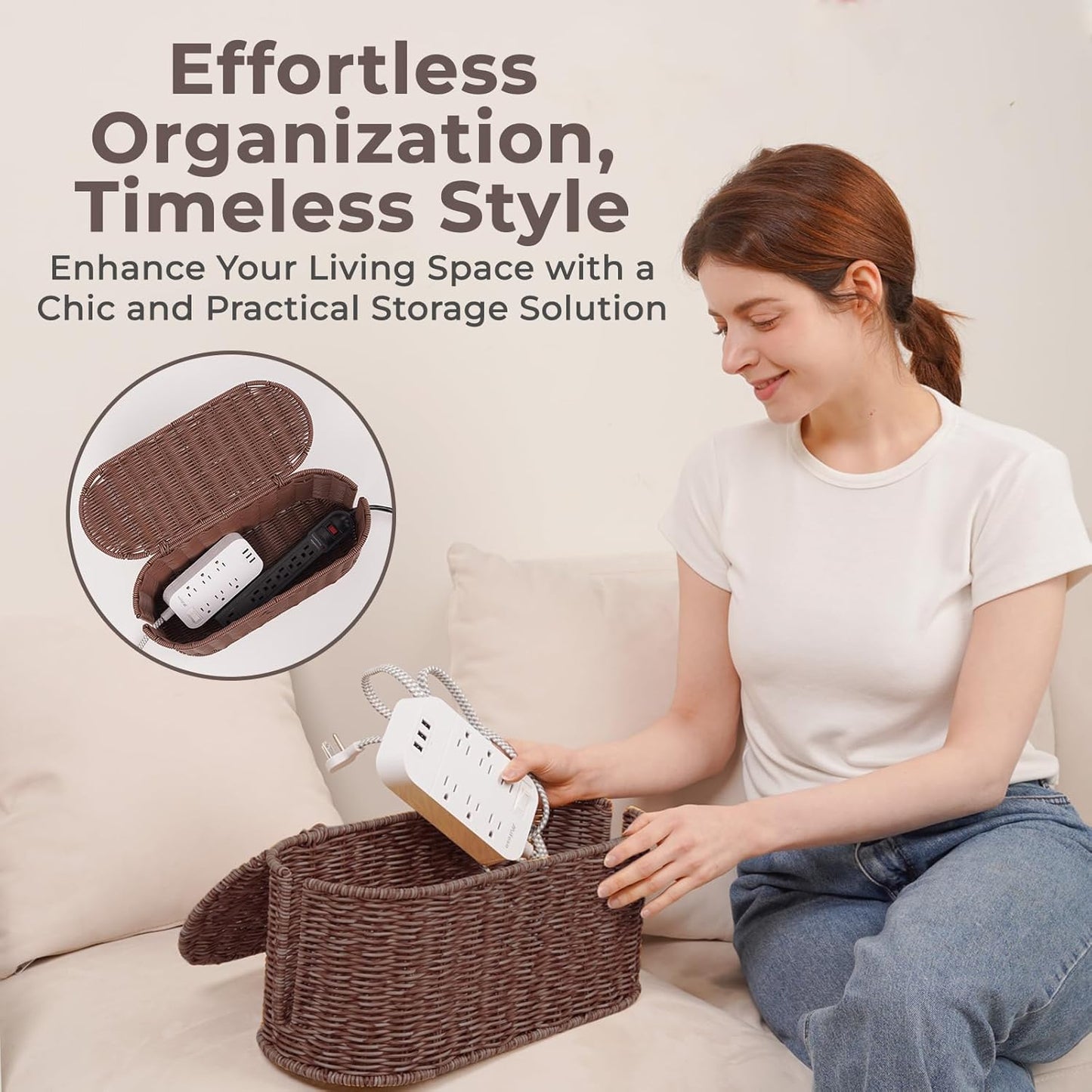 Cable Management Box, Handmade Rattan Cable Organizer with 2 Open Slots, Cord Hider for Power Strip, Router & USB Hub, Registered U.S. Design Patent (D1,112,102), 13" x 5.1" x 5.1", Natural