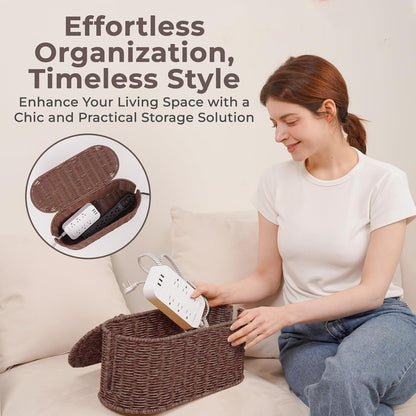 Cable Management Box, Handmade Rattan Cable Organizer with 2 Open Slots, Cord Hider for Power Strip, Router & USB Hub, Registered U.S. Design Patent (D1,112,102), 13" x 5.1" x 5.1", Natural
