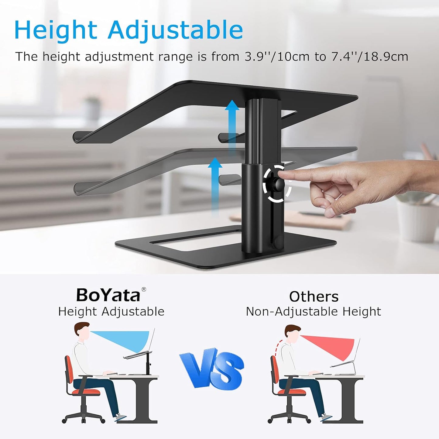 BoYata Laptop Stand, Ergonomic Aluminum Height Adjustable Computer Stand Laptop Holder for Desk, Compatible with MacBook Pro/Air, Dell, Lenovo, HP, Samsung, More Laptops 11-17" (Black)