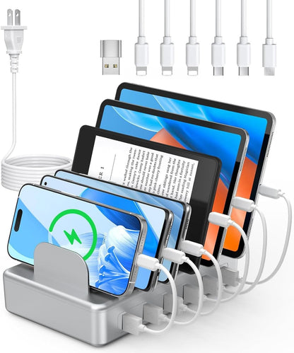 CREATIVE DESIGN 50W 6 Ports Multi Charger Station with 6 Charging Cables, USB Charging Dock for Multiple Devices, Compatible with Cellphone iPad Kindle Tablet and Other Electronic Devices