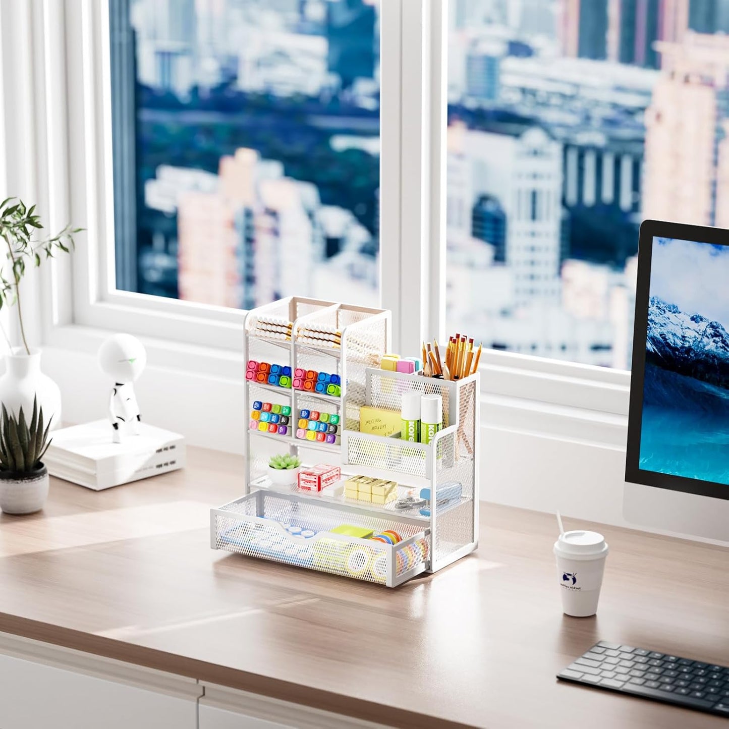 Marbrasse Mesh Pen Holder for Desk, Multi-Functional Pencil Organizer with Drawer, Desk Organizers and Accessories for Office Art Supplies (Black)