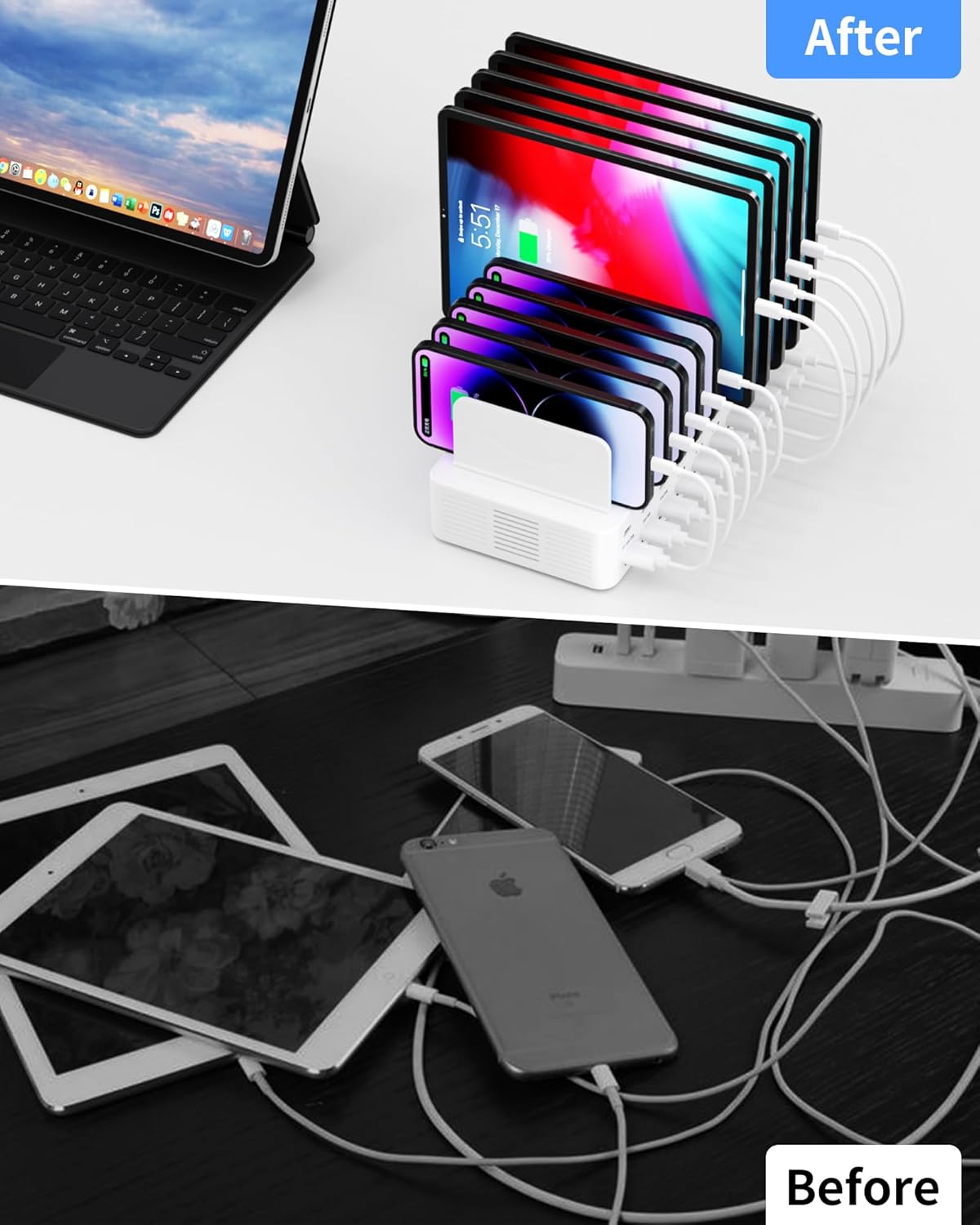 270W Charging Station for Multiple Devices, 20-Port USB Fast Charging Station with Adjustable Dividers & 10 Cables, Multi Device Organizer Charging Dock for iPhone, iPad, Tablets & More(Black)